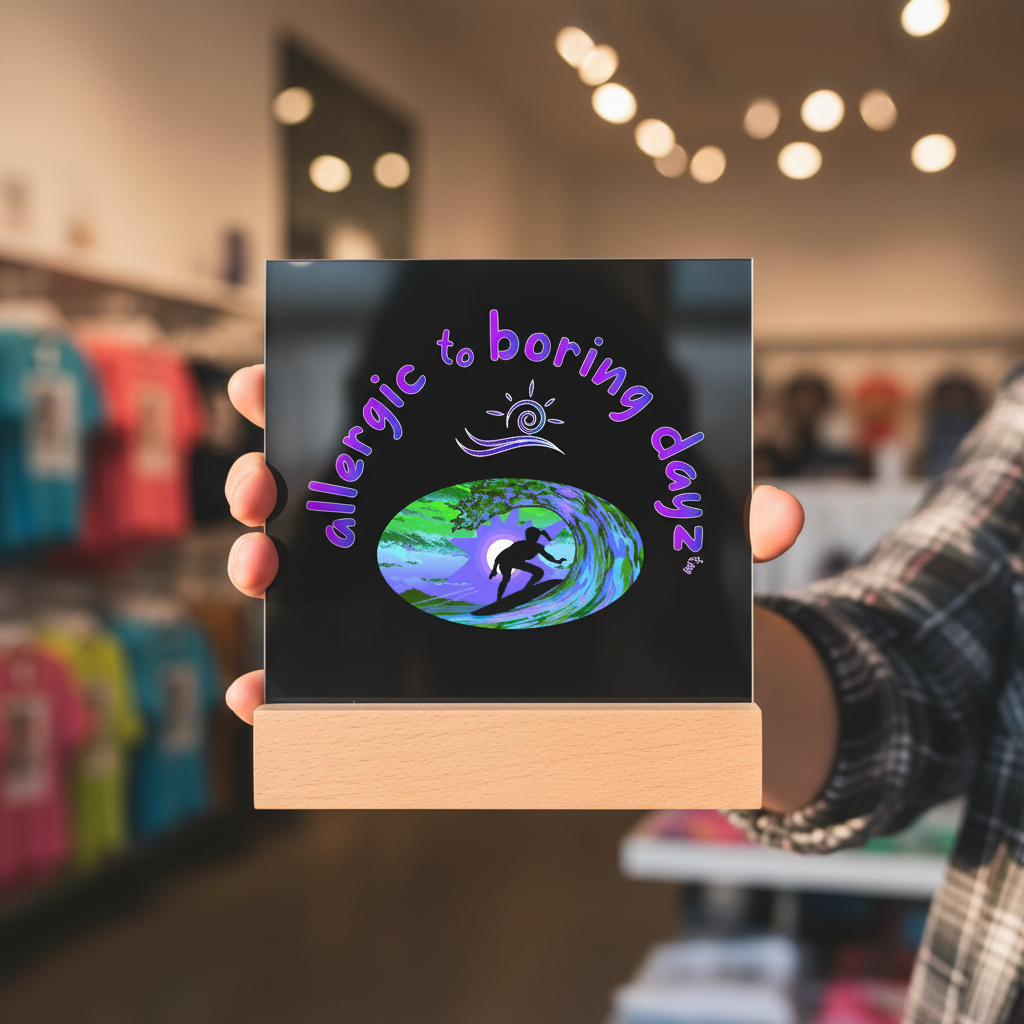 lifestyle scene ~ Surfer Girl Cool Plaque | Surfer Gift | Surfer Girl in Sunset | Surfer Girl Catching a Wave | Amped by Allergic to Boring Dayz